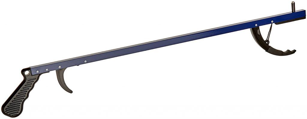 A blue and black reacher grabber tool with a long, lightweight aluminum shaft. It features a contoured handle with a trigger mechanism for operating the claw-like gripping end. The device is designed for picking up items or assisting individuals with limited mobility to reach objects at a distance. Lower Body Dressing After Hip Replacement Surgery