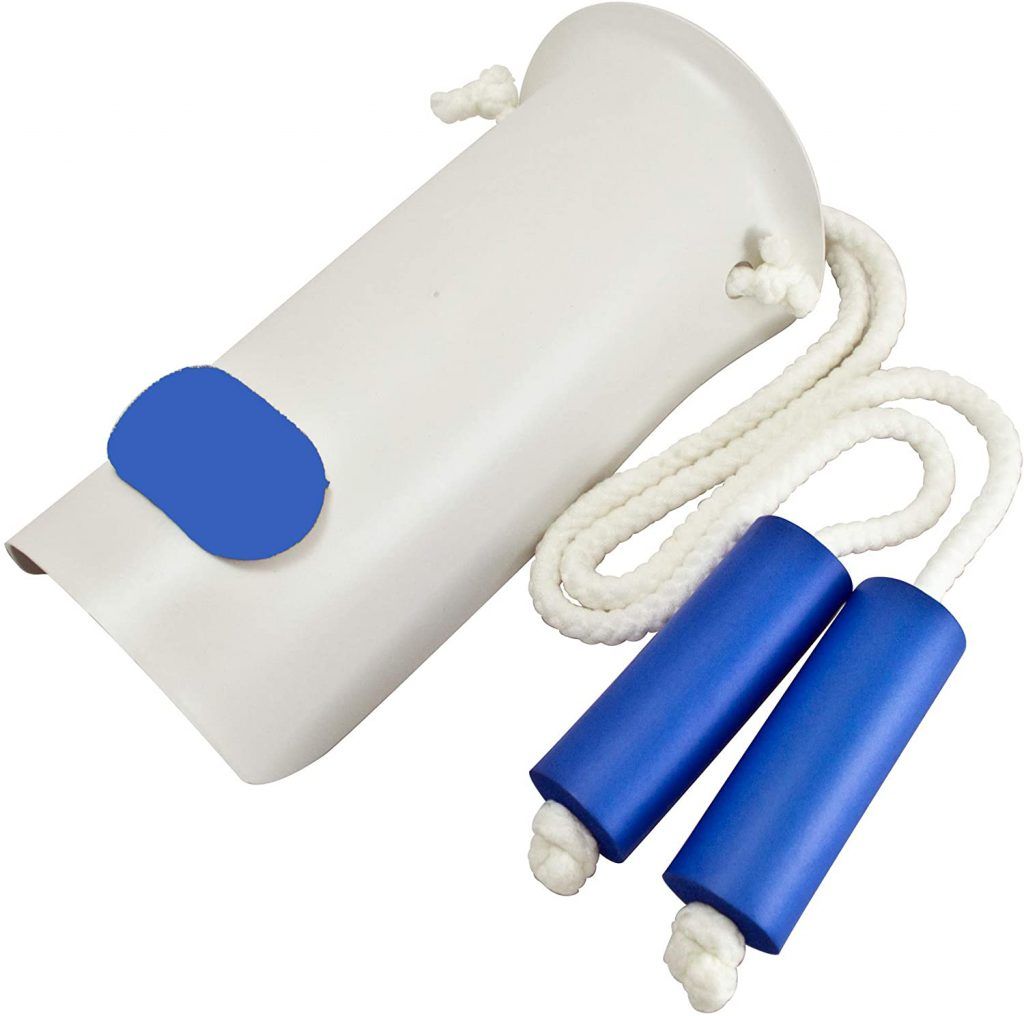 A white sock aid device with blue foam handles and attached ropes, designed to assist individuals with limited mobility in putting on socks. The contoured plastic frame features a non-slip blue pad to hold the sock securely in place while pulling it onto the foot. Ideal for those with difficulty bending or reaching. Lower Body Dressing After Hip Replacement Surgery