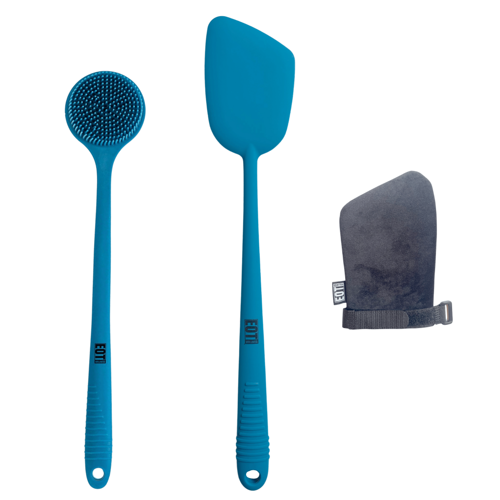 EOT Wellness blue silicone body scrubber and lotion applicator with ergonomic handles, accompanied by a black mitt.