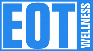 The EOT Wellness logo is depicted. The letters "EOT" are blue, large, and in all capitals. The word "wellness" runs vertical along the right side in white inside a blue block.