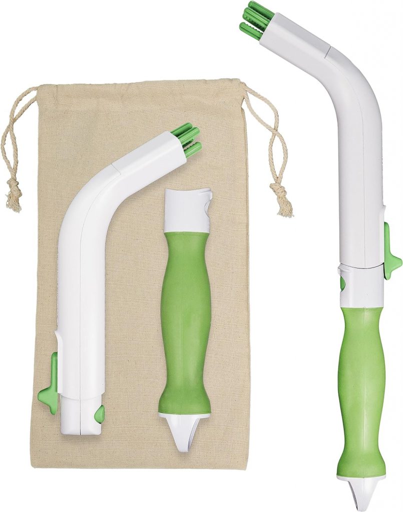 Adjustable and portable toileting aid with green ergonomic handles and white extensions, designed for improved hygiene and independence. The kit includes detachable components and comes with a beige drawstring storage pouch for convenience. How to Choose a Toilet Aid for Wiping - EquipMeOT